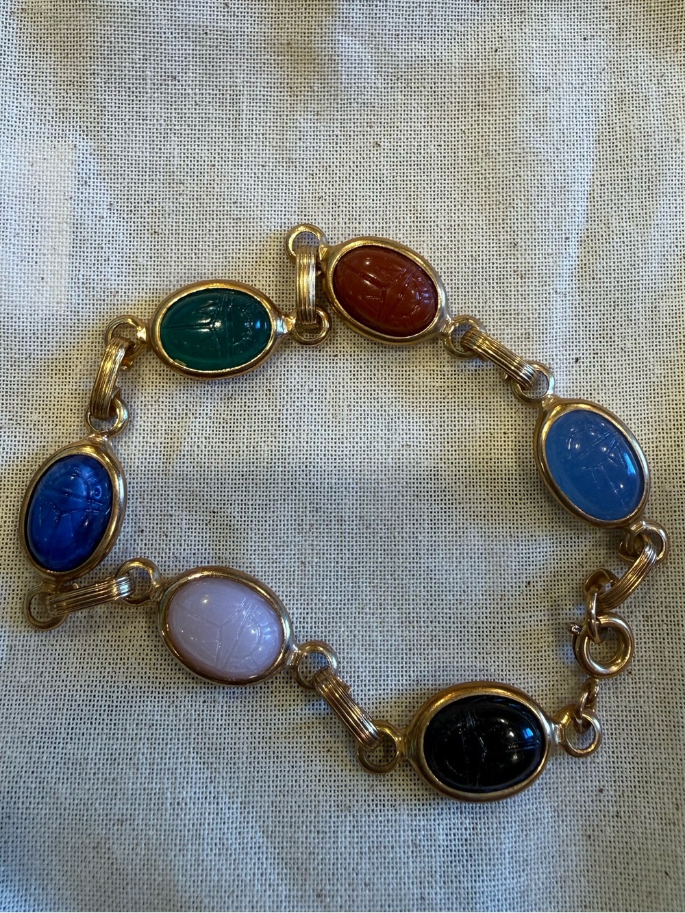 Vintage Multi-Stone Gold-Tone Scarab Bracelet - Blue, Green, Red, Pink, Black